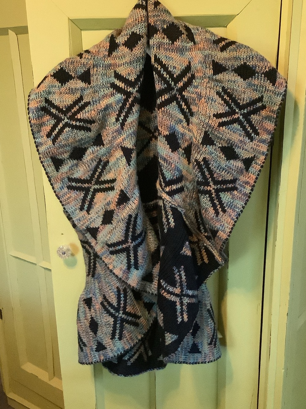 JohnPaulRichard Black  Open-Front Geometric Knit Sweater with Pastel Accents